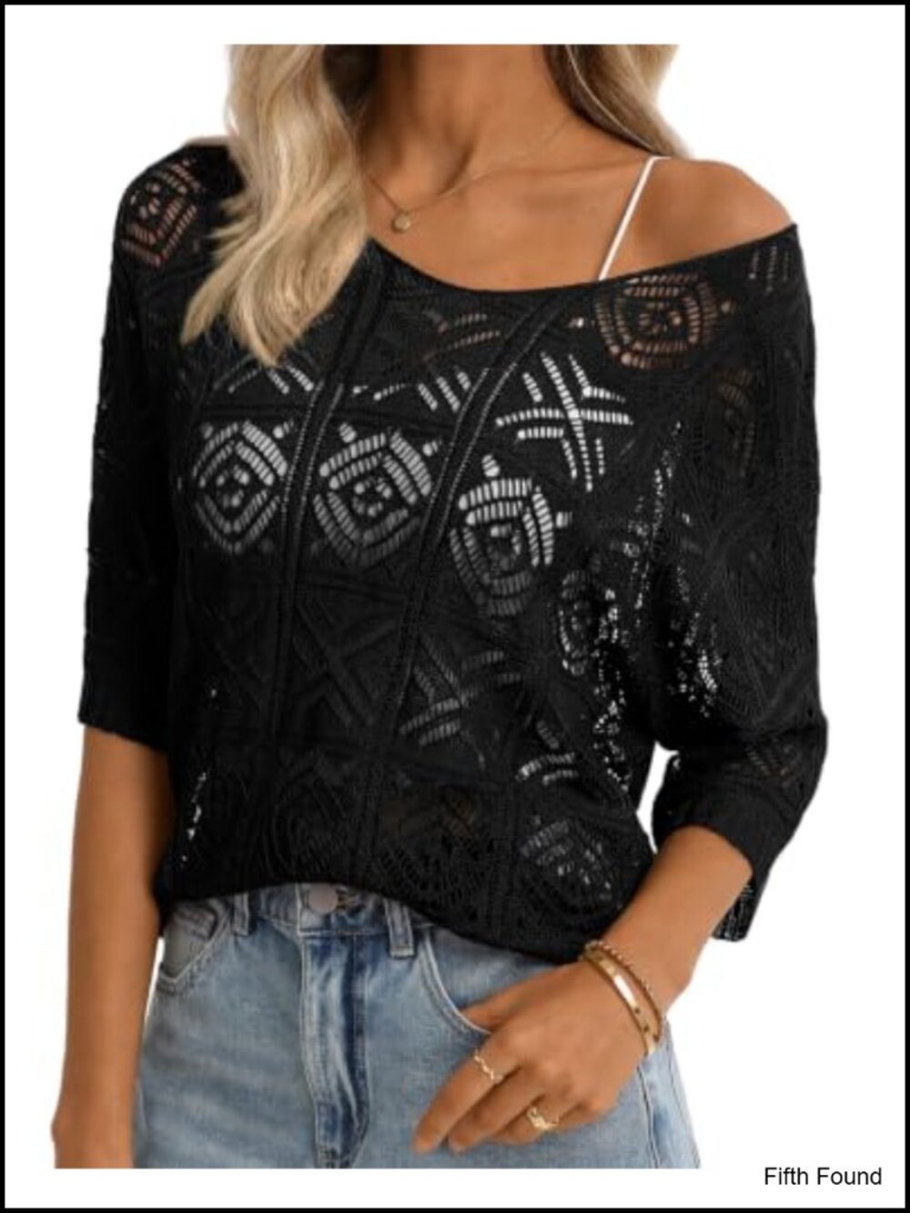 Women's Crochet Top Scoop Neck 3/4 Sleeve Hollow Out Knit Pullover